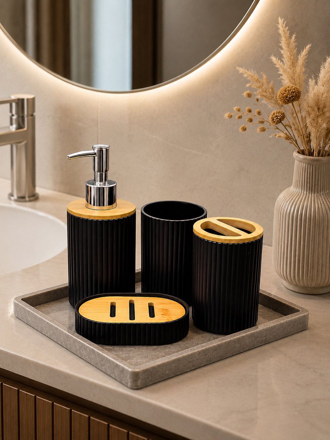 Piece Black Bathroom Accessories Set with Bamboo Lid | Soap Dispenser, Toothbrush Holder, Tumbler & Soap Dish