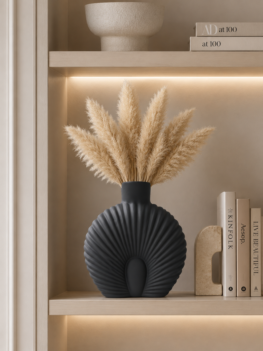 Modern Matte Black Shell Vase with Pampas Grass | Decorative Flower Vase for Home Décor