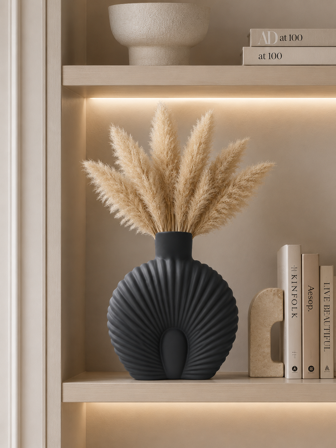 Modern Matte Black Shell Vase with Pampas Grass | Decorative Flower Vase for Home Décor