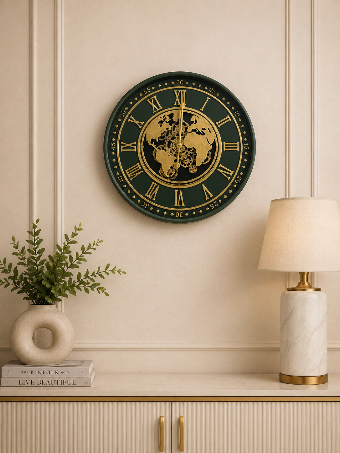 Luxury World Map Wall Clock – Green & Gold Roman Numeral Gear Design