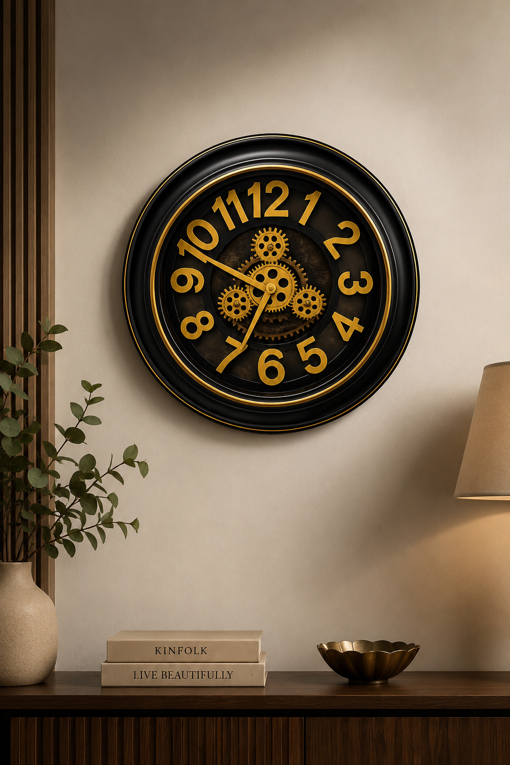 Luxury Black & Gold Moving Gear Wall Clock – Modern Silent Decorative Wall Clock for Living Room