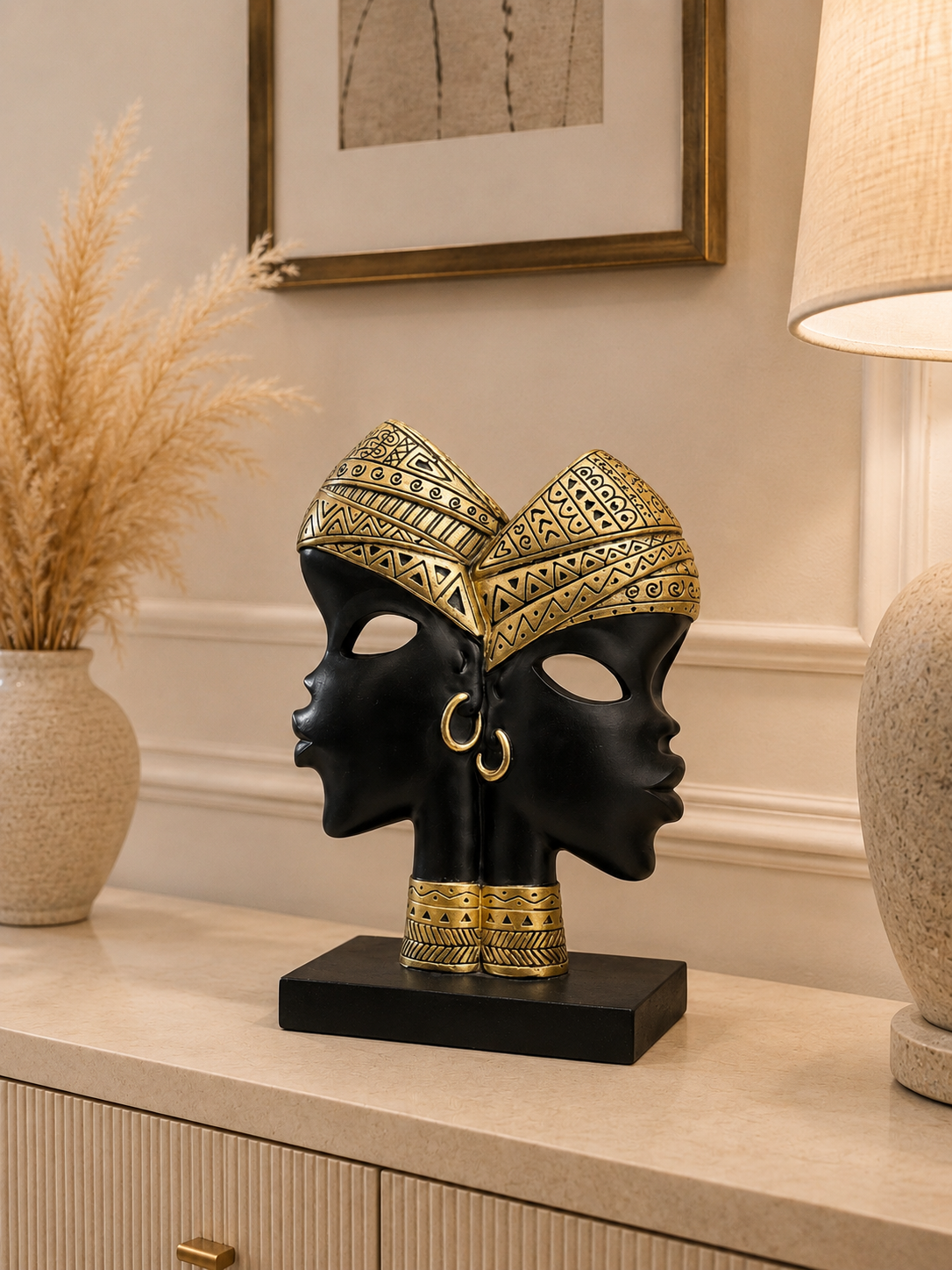 Luxury African Tribal Dual Face Sculpture – Resin Decorative Showpiece