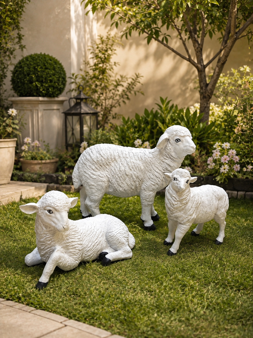 Luxury Sheep Family Garden Statue Set | Outdoor Resin Lawn Sculptures | Farm Animal Décor (Set of 3)