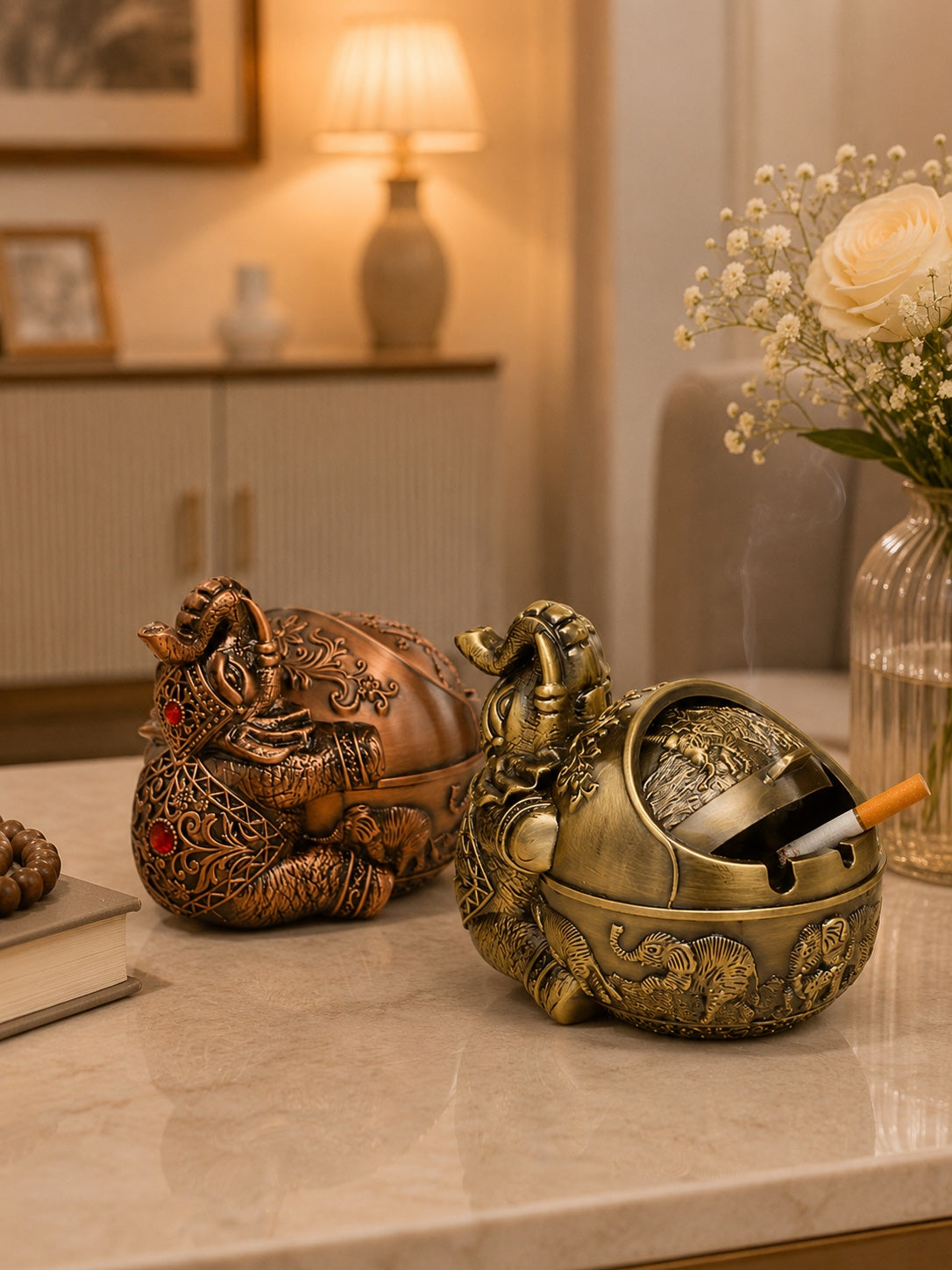 Luxury Elephant Metal Ashtray with Windproof Lid | Decorative Vintage Cigarette Ashtray | Premium Home & Office Décor