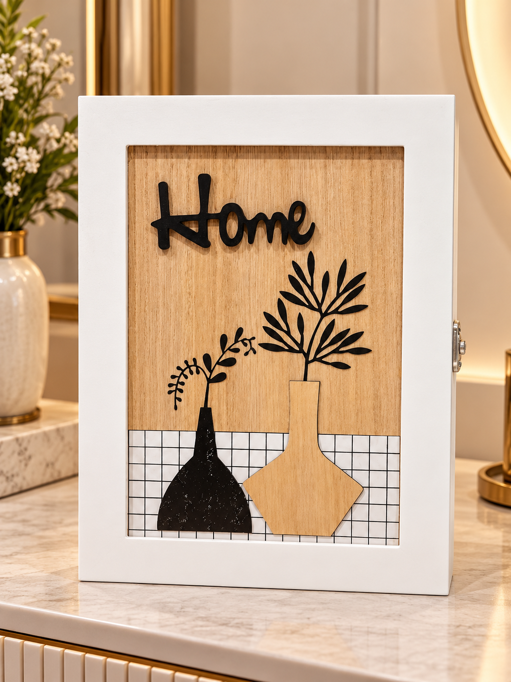 Elegant Wooden Home Decorative Box – Modern Floral Vase Wall Art