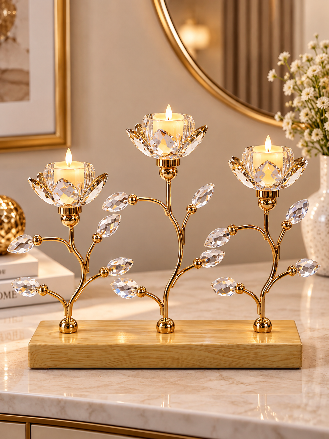 Luxury Gold Crystal Leaf 3-Light Candle Holder – Wooden Base Decorative Centerpiece