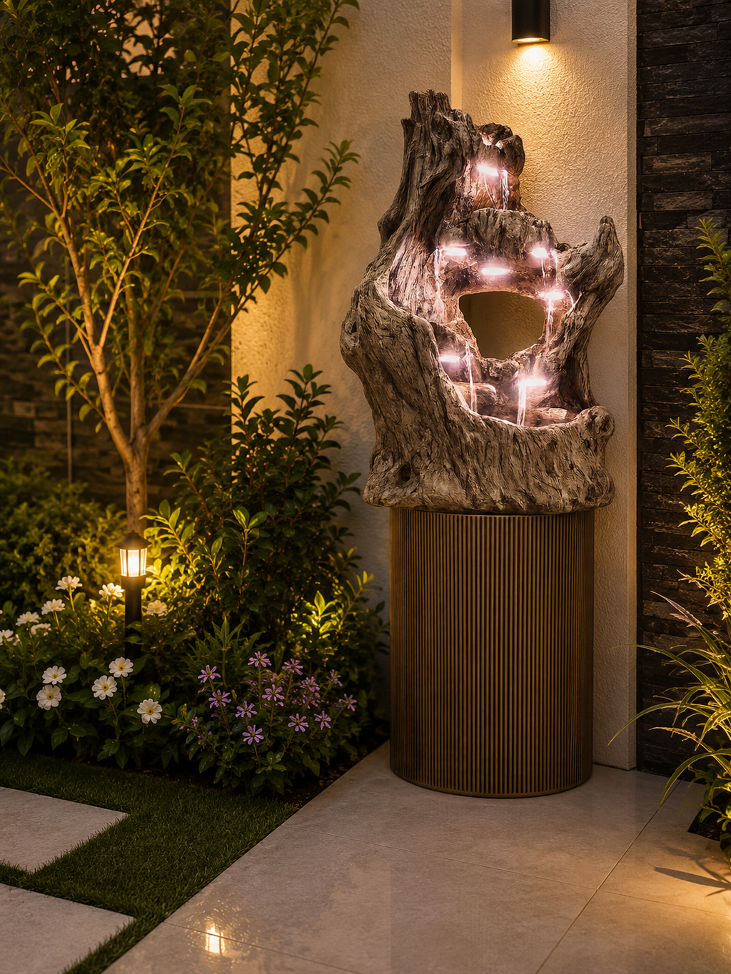 Luxury Indoor & Outdoor LED Water Fountain | Tree Trunk Style Decorative Floor Fountain with Waterfall | Resin Fountain