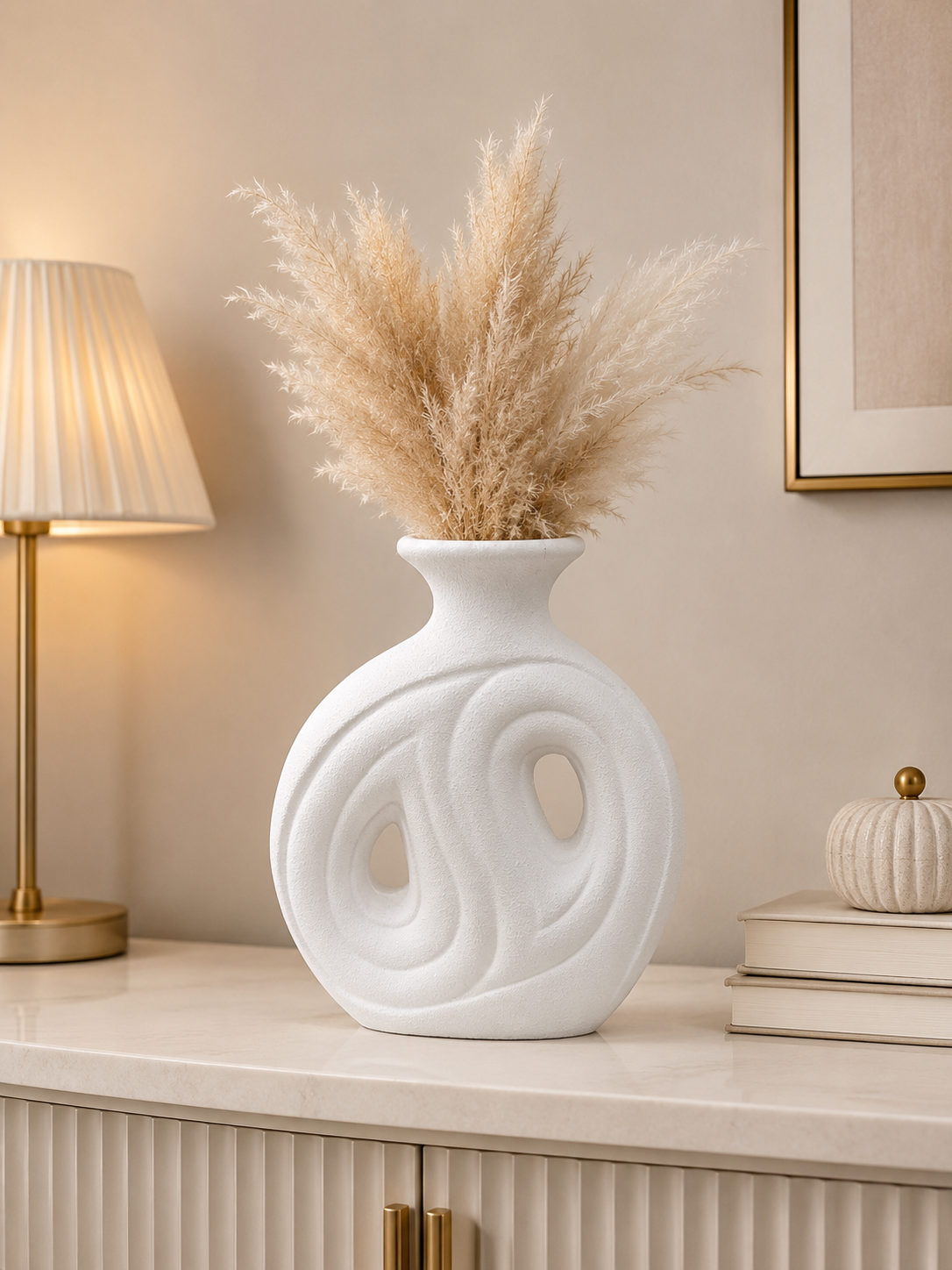 Modern White Abstract Textured Vase – Decorative Tabletop Flower Vase