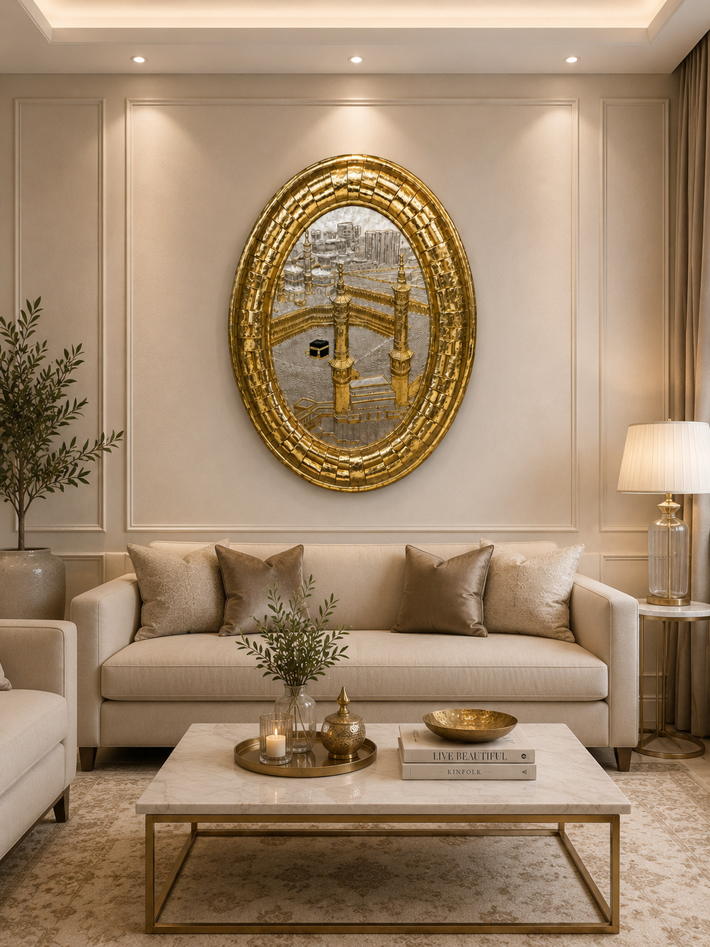 Luxury Gold Kaaba Wall Art – Islamic Oval Decorative Wall Hanging