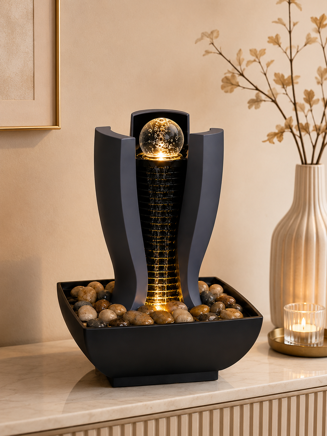 Luxury Black Tabletop Water Fountain with Crystal Ball, LED Light & Decorative Stones
