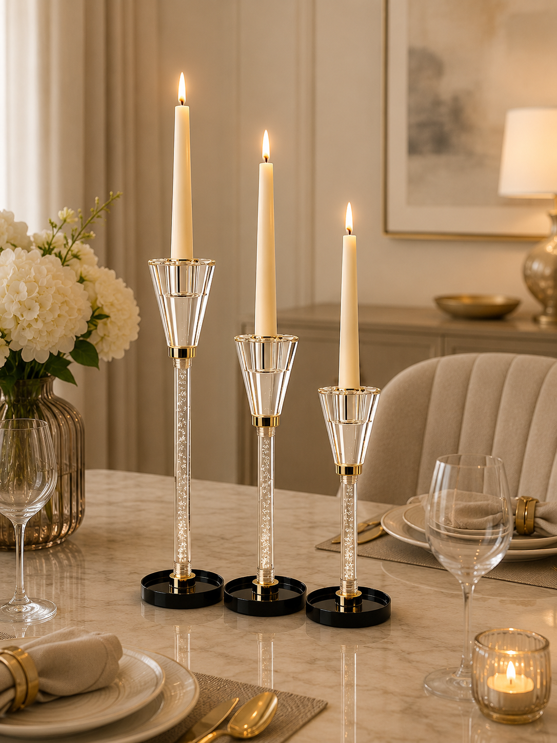 Luxury Crystal Candle Holder Set of 3 – Modern Glass & Metal Taper Candle Stand Set