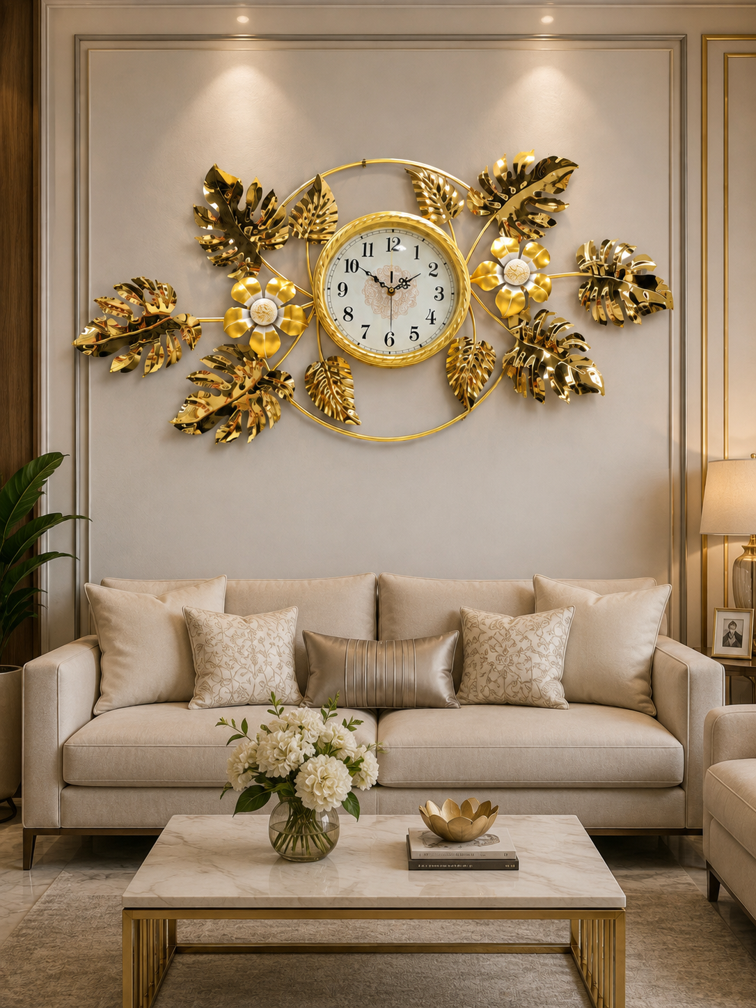 Luxury Golden Monstera Leaf Floral Wall Clock – Elegant Decorative Metal Art Clock