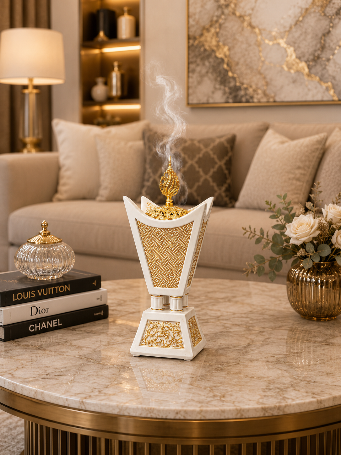 Luxury Bakhoor Burner | White & Gold Arabic Incense Burner (Mabkhara) | Decorative Home Fragrance Holder