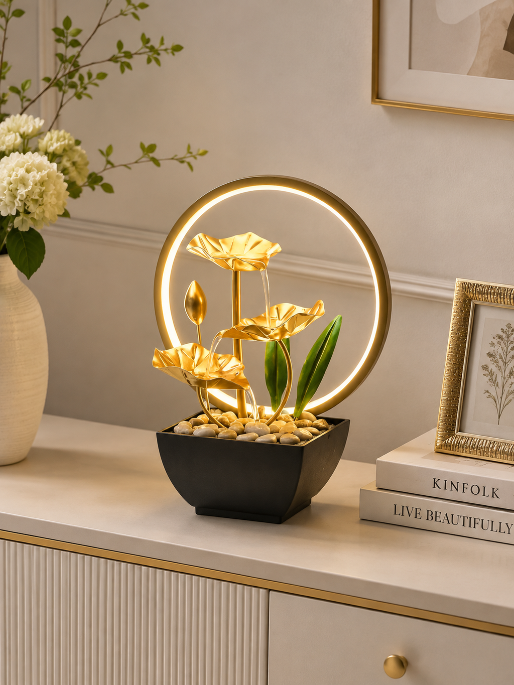 Luxury Golden Lotus LED Water Fountain – Modern Indoor Decorative Table Fountain