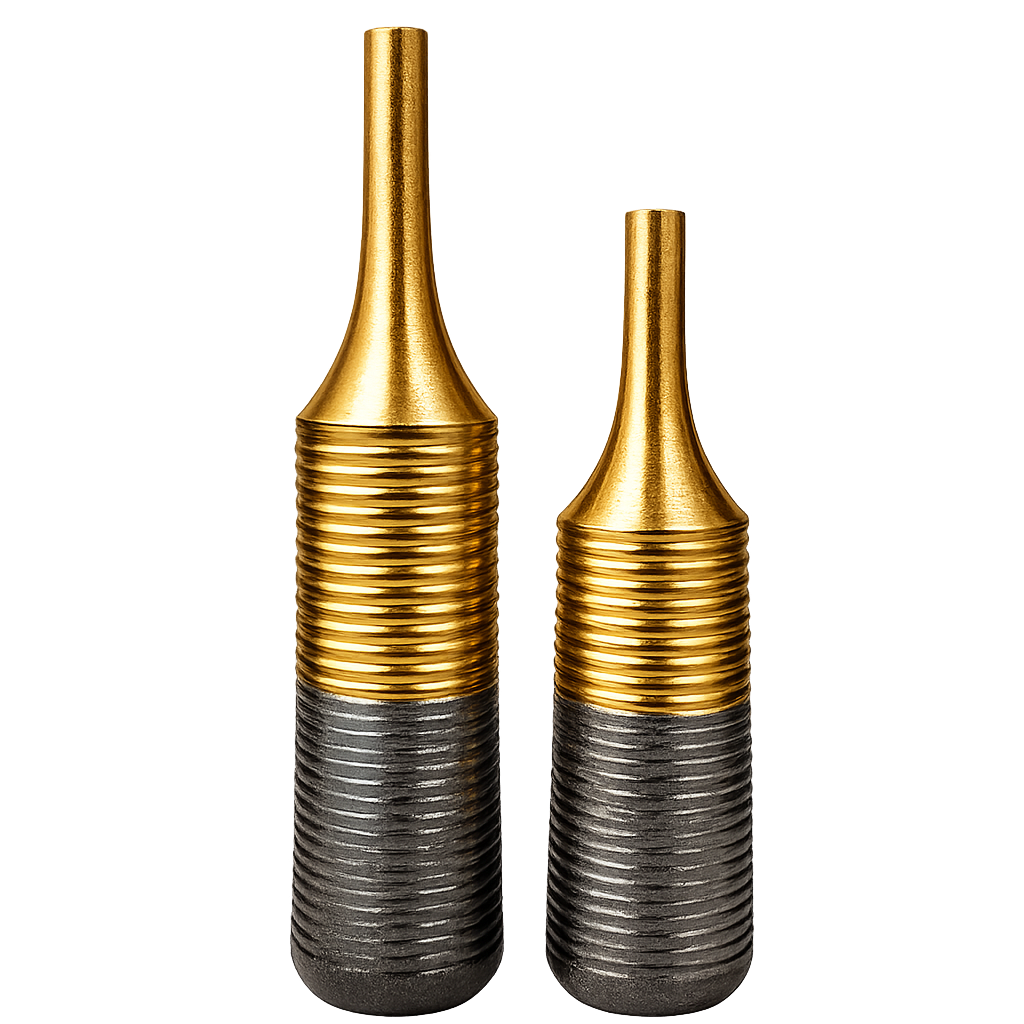 Luxury Gold & Black Ribbed Floor Vase Set (2 Pieces) | Modern Decorative Metal Floor Vases