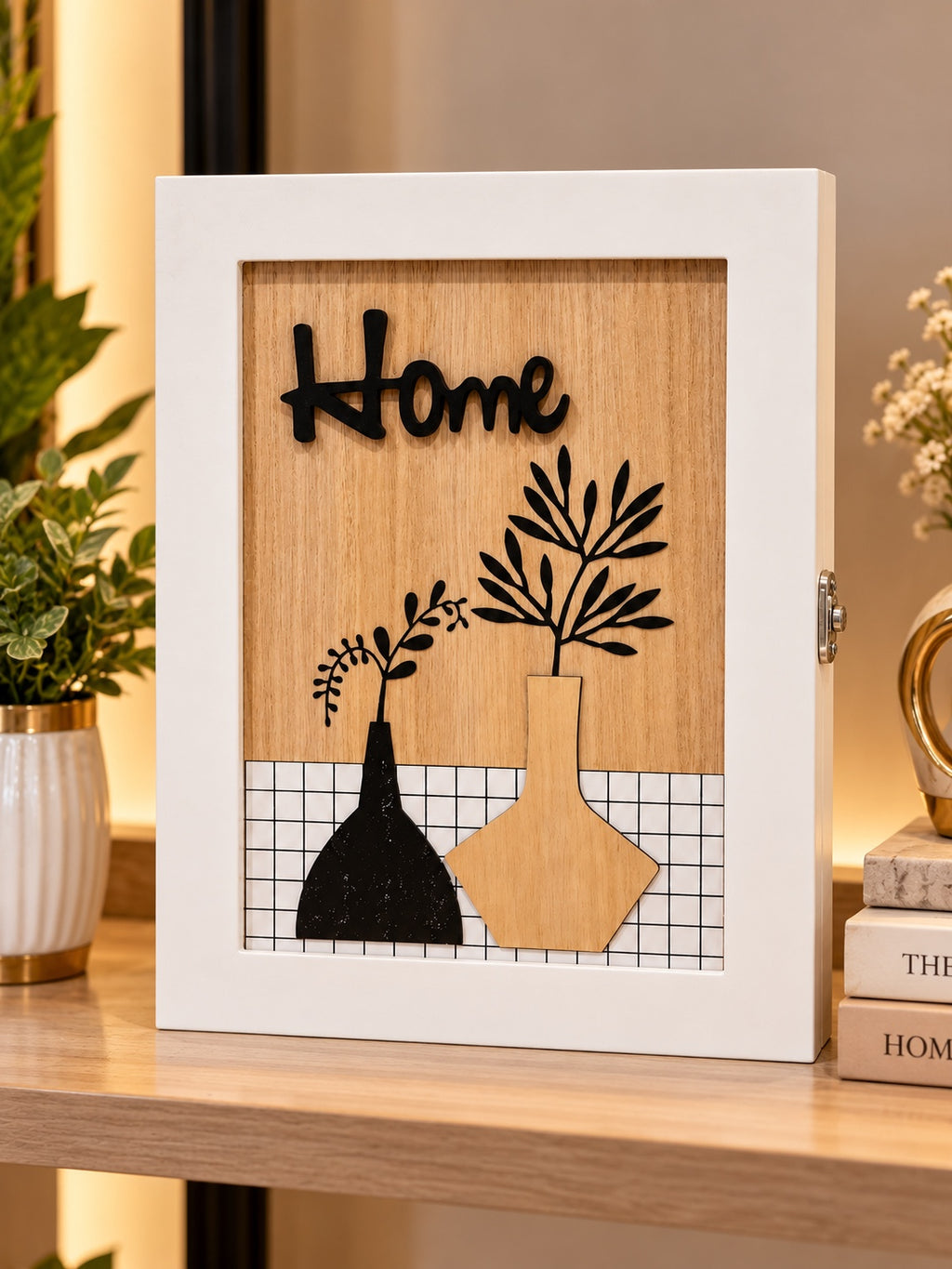 Elegant Wooden Home Decorative Box – Modern Floral Vase Wall Art
