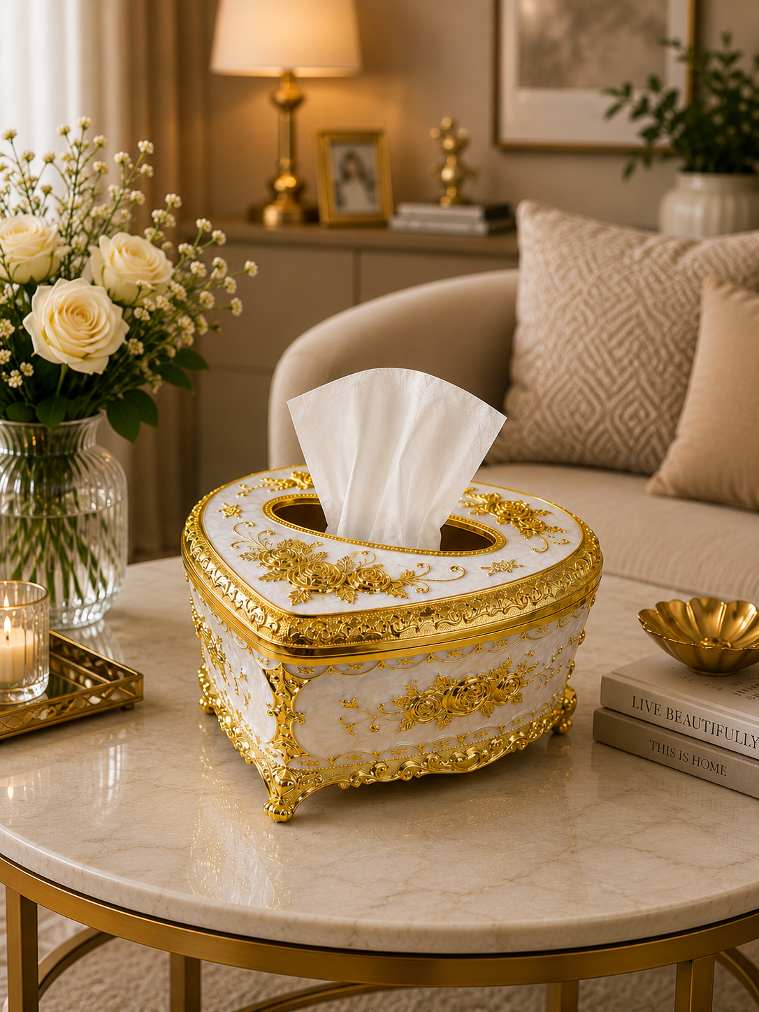 Luxury Vintage Metal Tissue Box Holder | Gold & White Floral Decorative Tissue Case for Living Room, Dining Table & Office