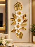 Luxury White & Gold Floral Leaf Wall Art – Elegant 3D Botanical Metal Décor