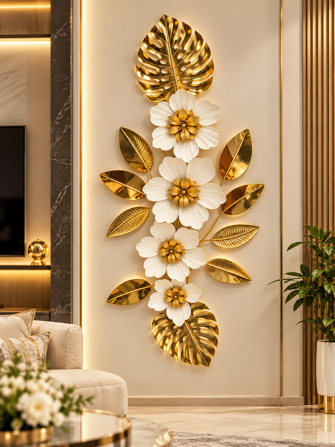 Luxury White & Gold Floral Leaf Wall Art – Elegant 3D Botanical Metal Décor