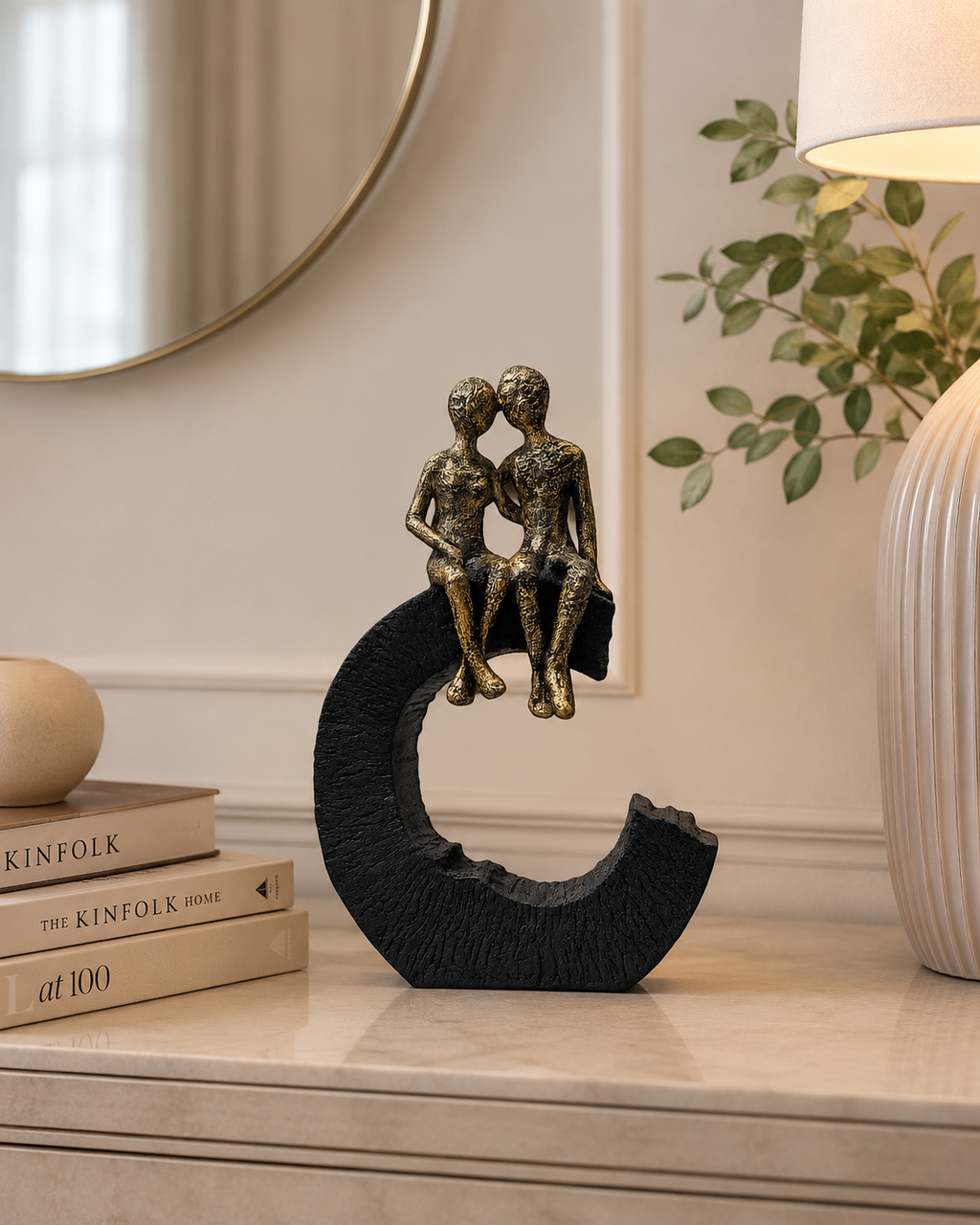 Abstract Couple Sculpture on Crescent Base – Modern Romantic Home Decor Showpiece | Black & Gold Decorative Accent