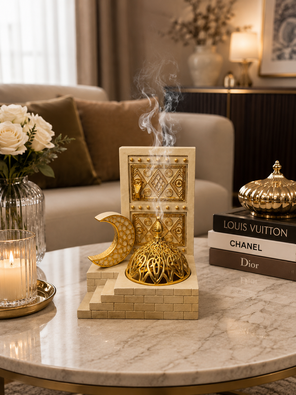 Luxury Arabic Bakhoor Burner Décor | Majlis Door Design Incense Holder | White & Gold Mabkhara | Islamic Home Decoration