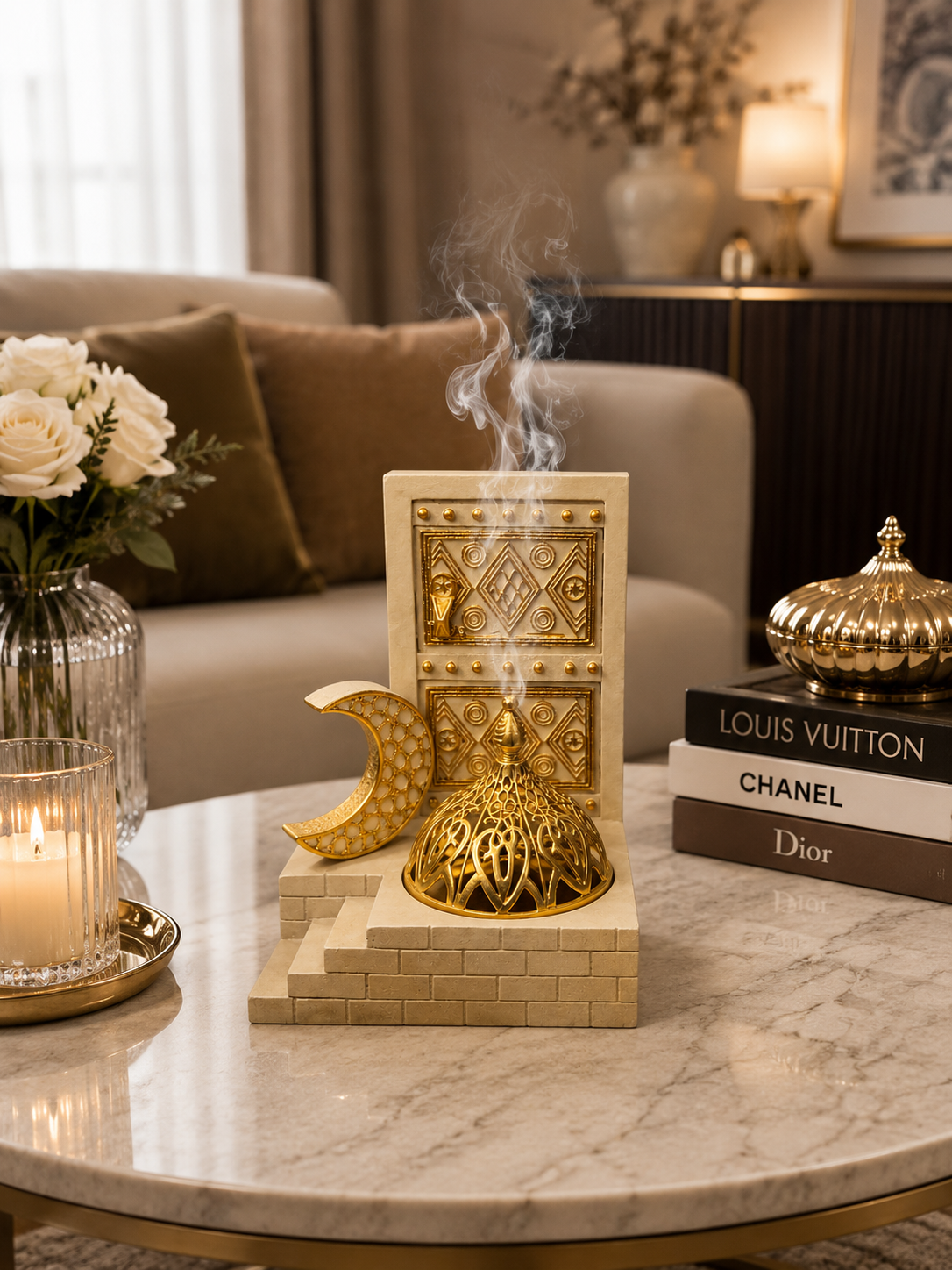 Luxury Arabic Bakhoor Burner Décor | Majlis Door Design Incense Holder | White & Gold Mabkhara | Islamic Home Decoration