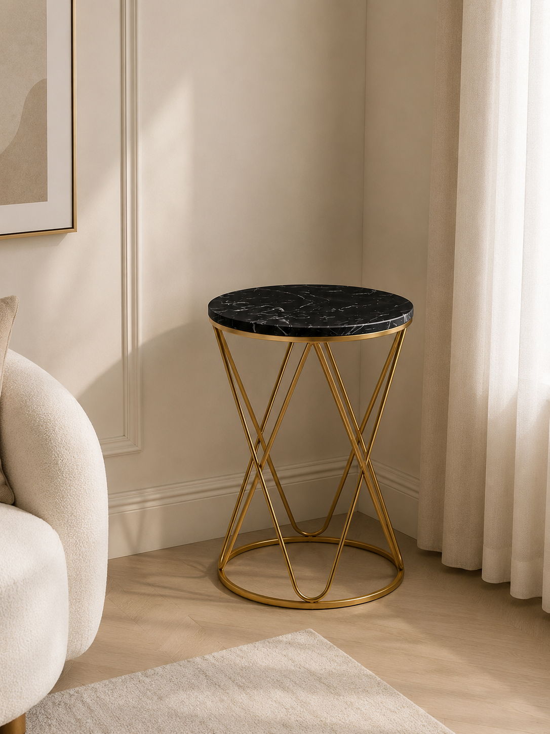 Modern Round Wooden Top Side Table | Gold Metal Frame Accent Table | Luxury End Table