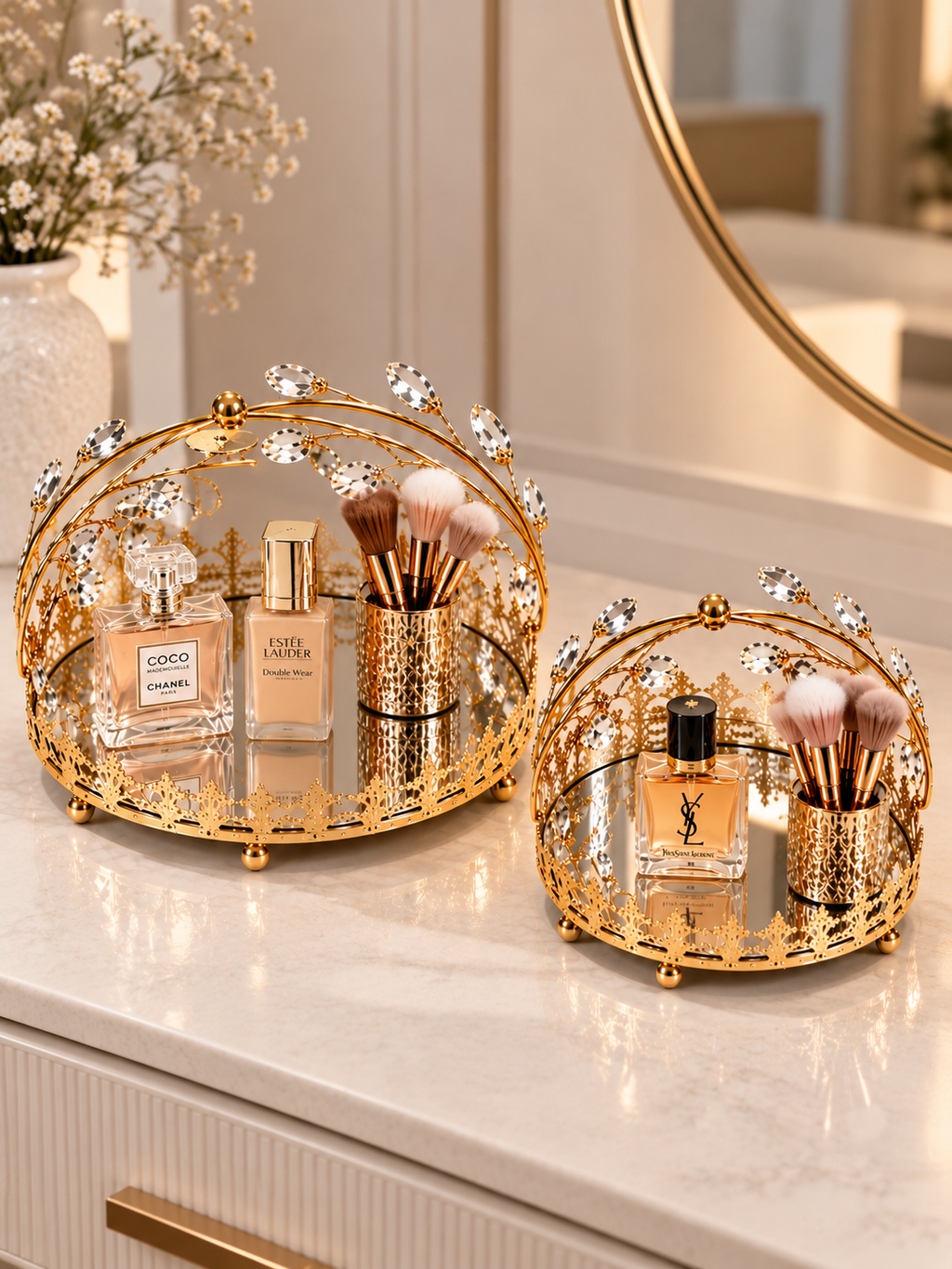 Luxury Gold Crystal Crown Decorative Mirror Tray Set – 2-Piece