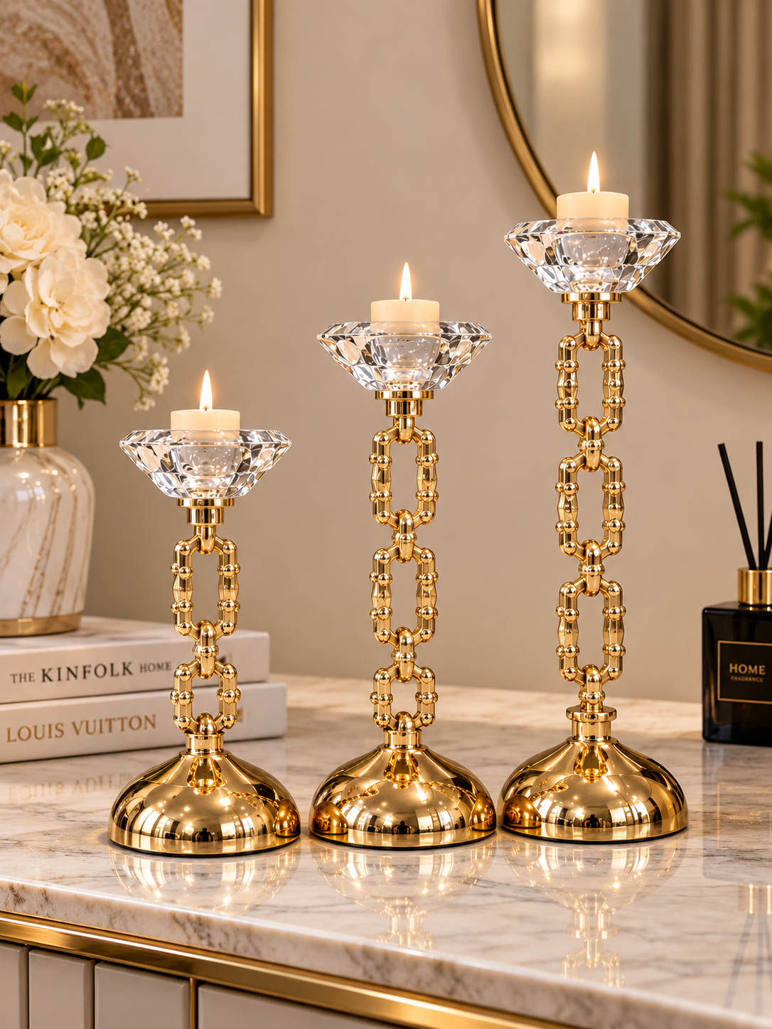 Luxury Gold Crystal 3-Piece Candle Stand Set – Elegant Decorative Candle Holders