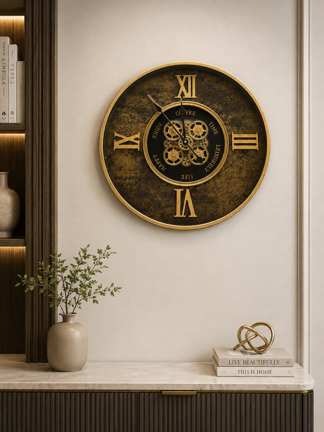 Luxury Antique Coffee Time Wall Clock – Black & Gold Skeleton Gear Design