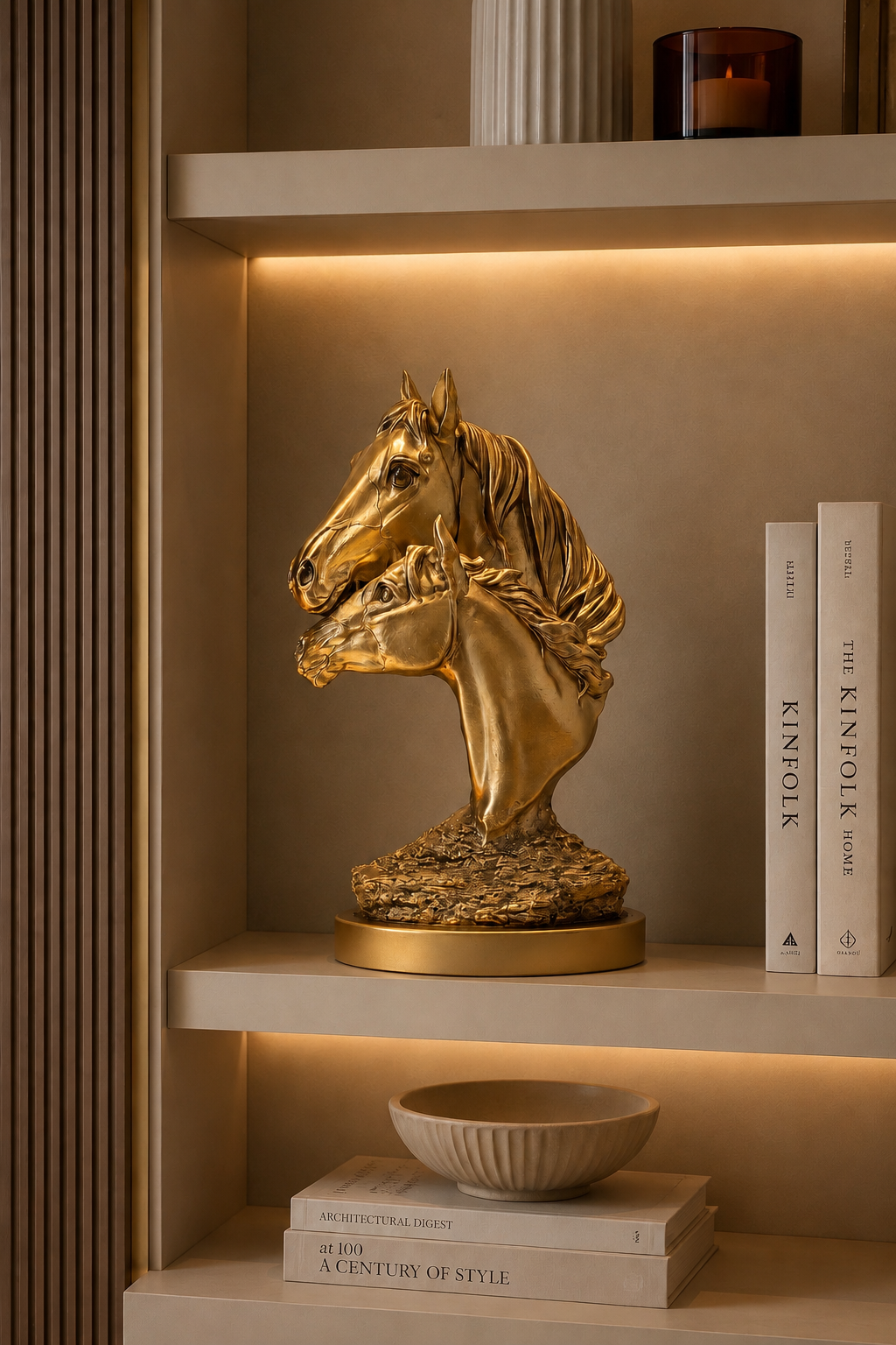 Luxury Golden Double Horse Head Sculpture | Modern Tabletop Decorative Showpiece