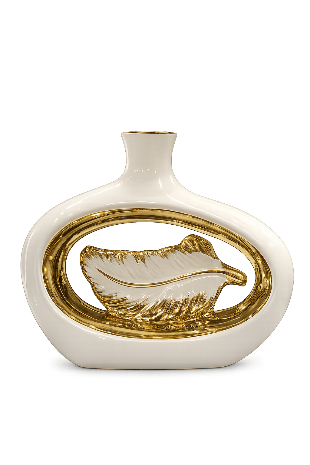 Luxury White & Gold Leaf Ceramic Decorative Vase – Modern Oval Centerpiece Vase