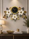 Luxury Golden Floral Wall Clock – Black Dial with White Flowers & Gold Leaf Design