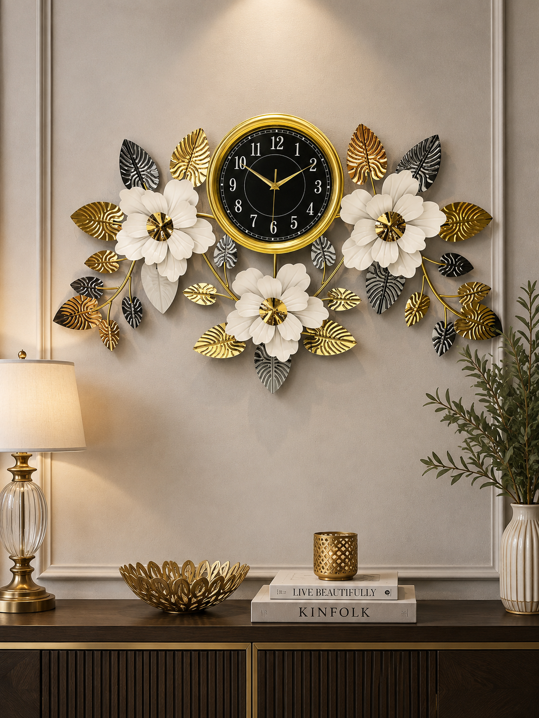 Luxury Golden Floral Wall Clock – Black Dial with White Flowers & Gold Leaf Design