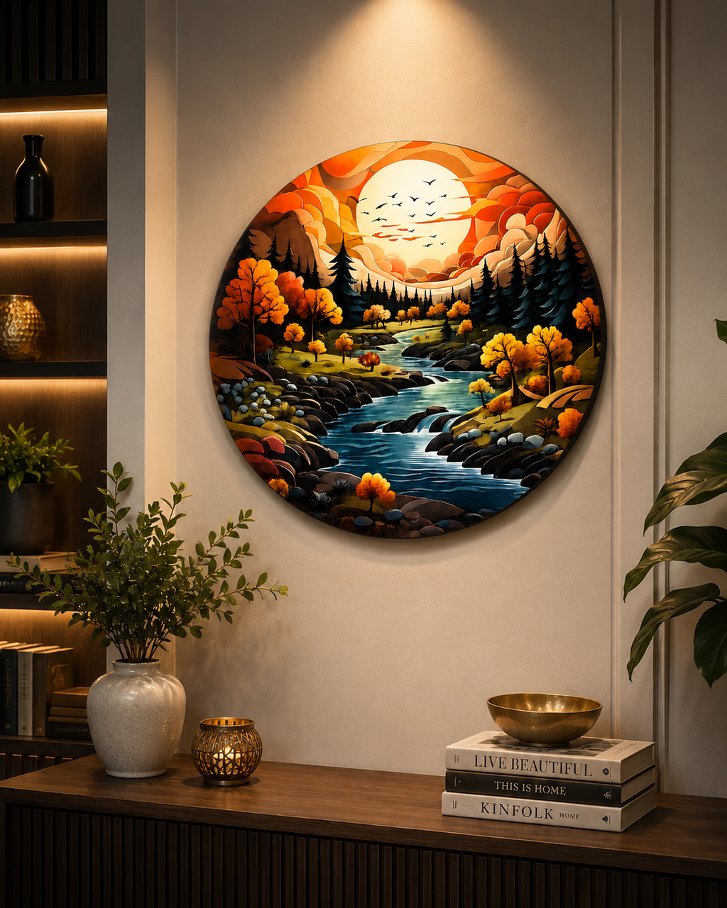 Autumn River Landscape Round Wall Art | Nature Scenery Canvas Wall Decor | Modern Circular Wall Painting