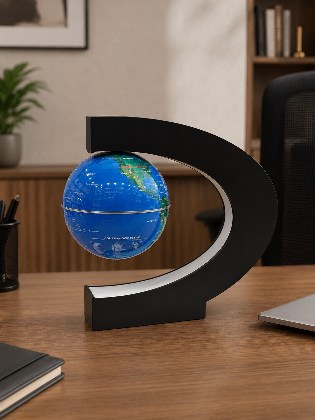 Premium Floating Magnetic Levitation Globe with LED Light | Rotating World Globe with Modern Crescent-Shaped Display Stand