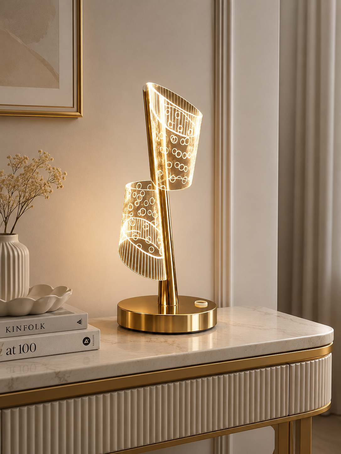 Modern LED Acrylic Table Lamp | Gold Metal Base | Warm White Decorative Bedside Lamp