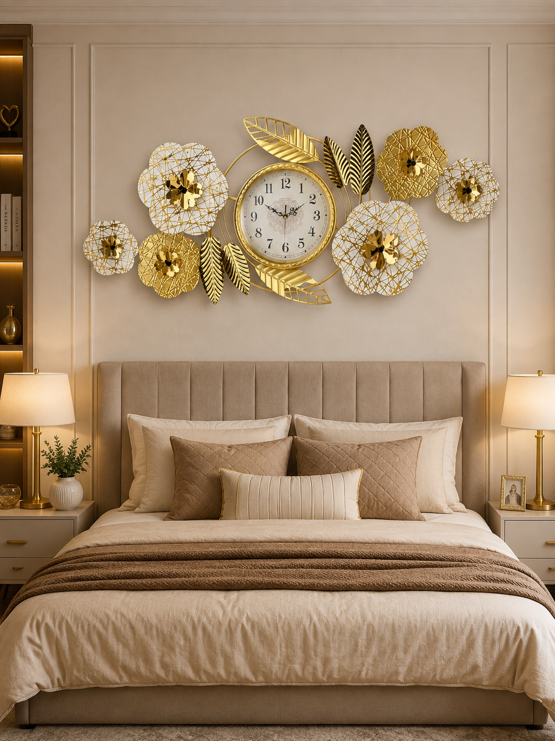 Luxury Golden Floral Leaf Wall Clock – Elegant Decorative Metal Wall Art Clock