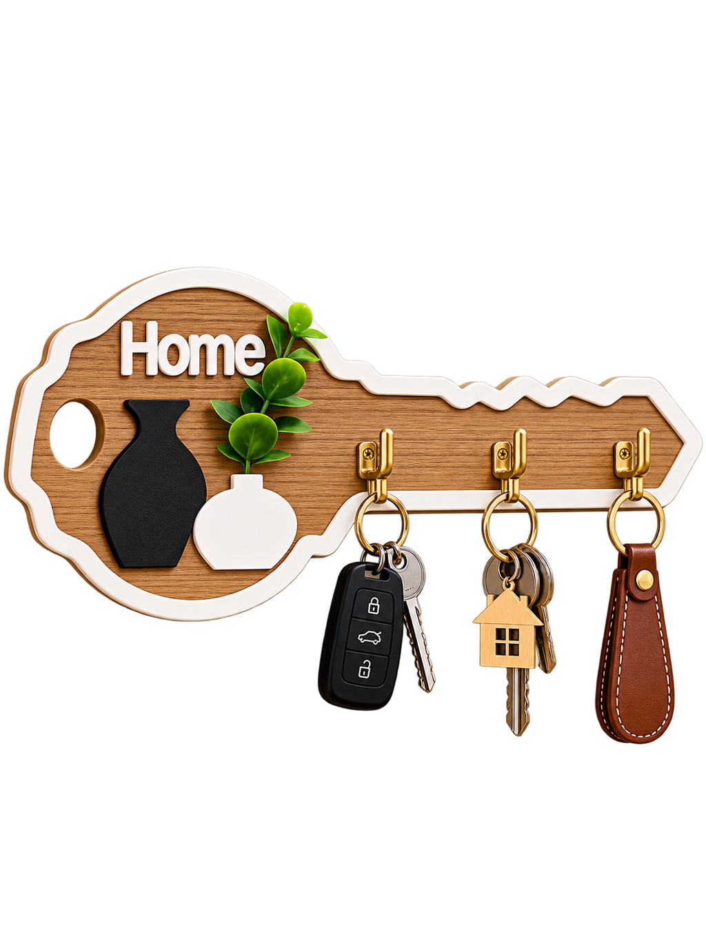 Decorative Wooden Key Holder – Home Wall-Mounted Key Rack with 3 Hooks