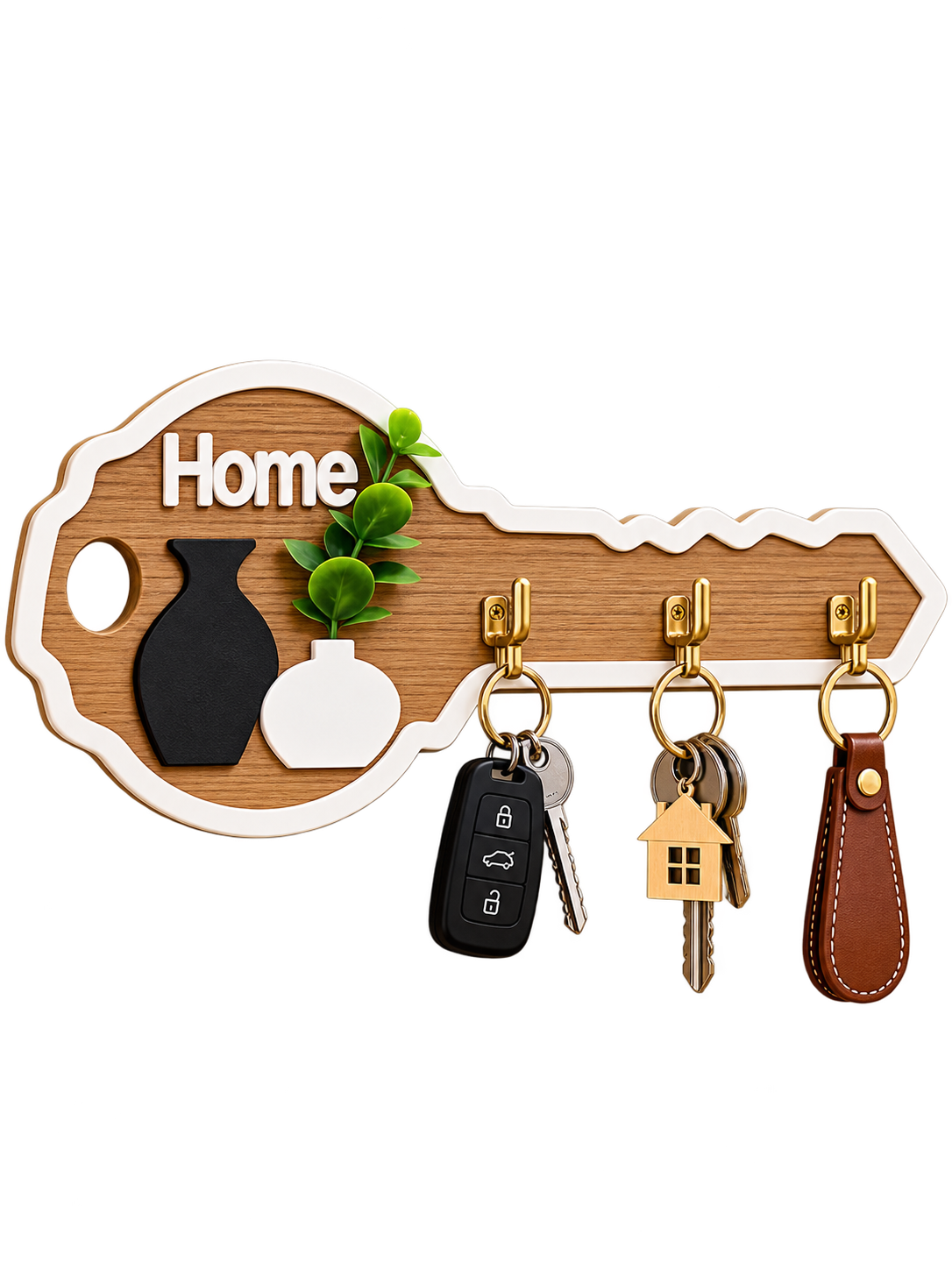 Decorative Wooden Key Holder – Home Wall-Mounted Key Rack with 3 Hooks