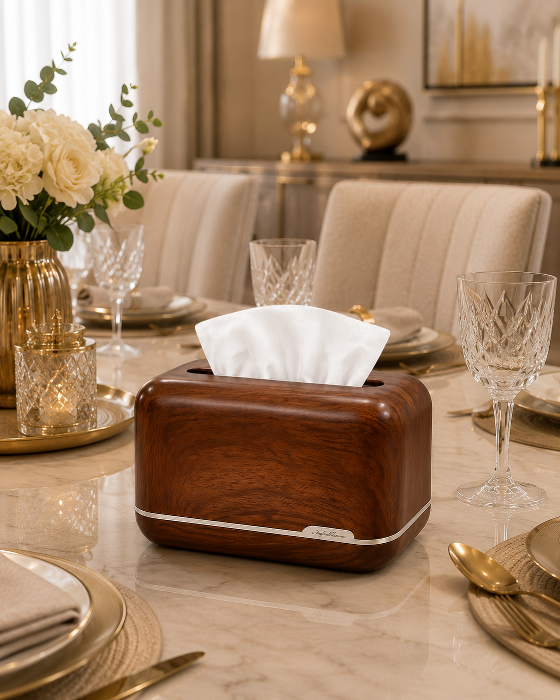 Luxury Walnut Wood Grain Tissue Box Holder | Modern Decorative Tissue Box Cover for Living Room, Dining Table & Office