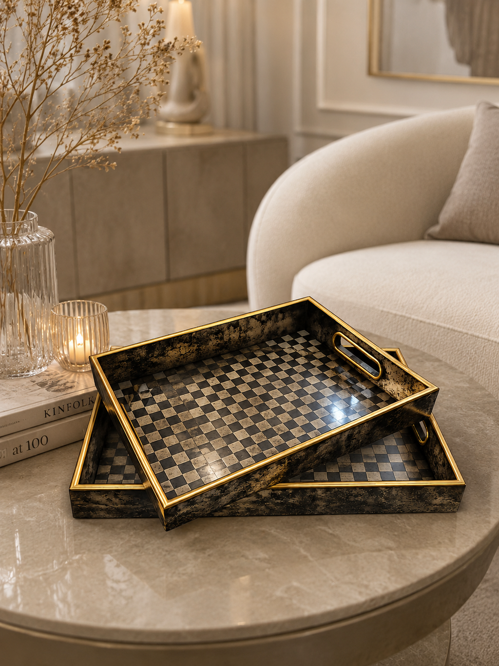 Luxury Black & Gold Checkered Decorative Serving Tray Set (2 Pieces)