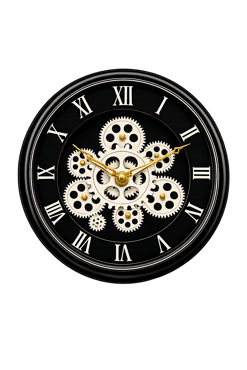 Luxury Black Skeleton Gear Wall Clock with Roman Numerals – Modern Decorative Silent Wall Clock for Living Room, Office & Bedroom