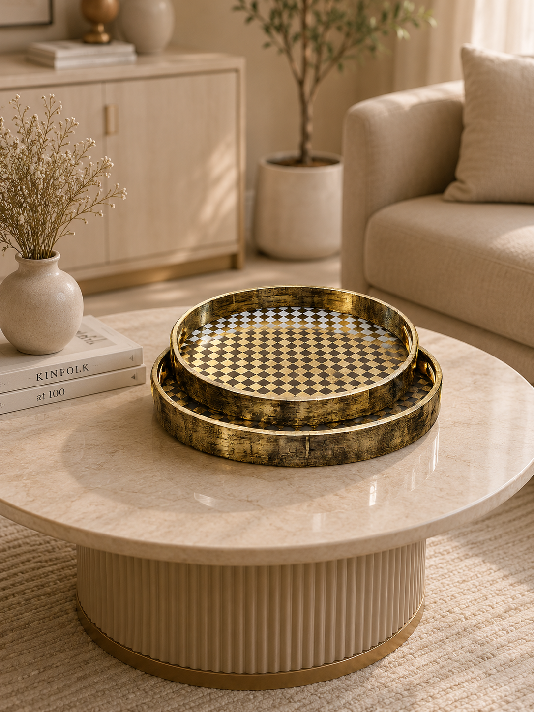 Luxury Round Decorative Serving Tray Set – Gold Checkered Metal Trays (Set of 2)