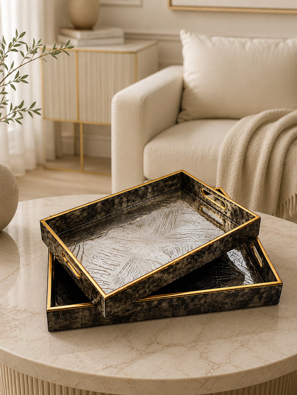 Luxury Antique Gold Decorative Serving Tray Set with Textured Design (2 Pieces)