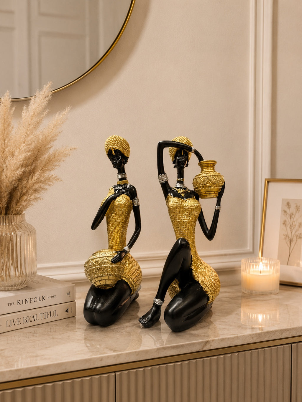 African Lady Resin Sculpture Set | Luxury Black & Gold Tribal Figurines | Modern Home Décor Showpieces (Set of 2)