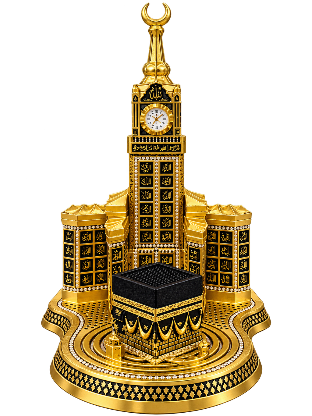 Premium Makkah Kaaba & Masjid Al-Haram Decorative Clock Showpiece – Gold & Black Islamic Decor