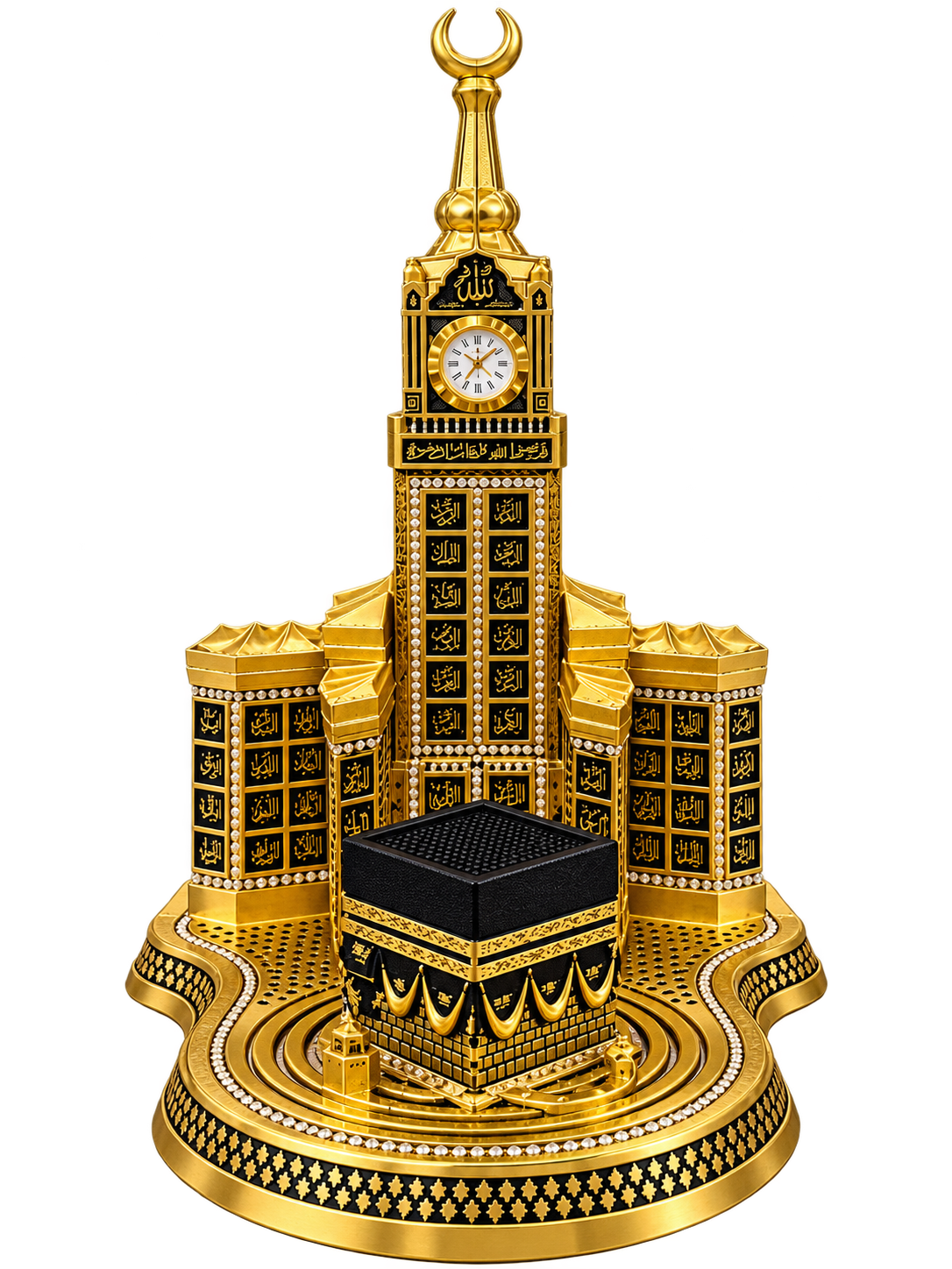 Premium Makkah Kaaba & Masjid Al-Haram Decorative Clock Showpiece – Gold & Black Islamic Decor