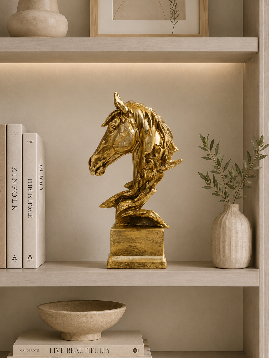 Luxury Golden Horse Head Sculpture | Modern Resin Horse Statue | Elegant Tabletop Home Décor Accent
