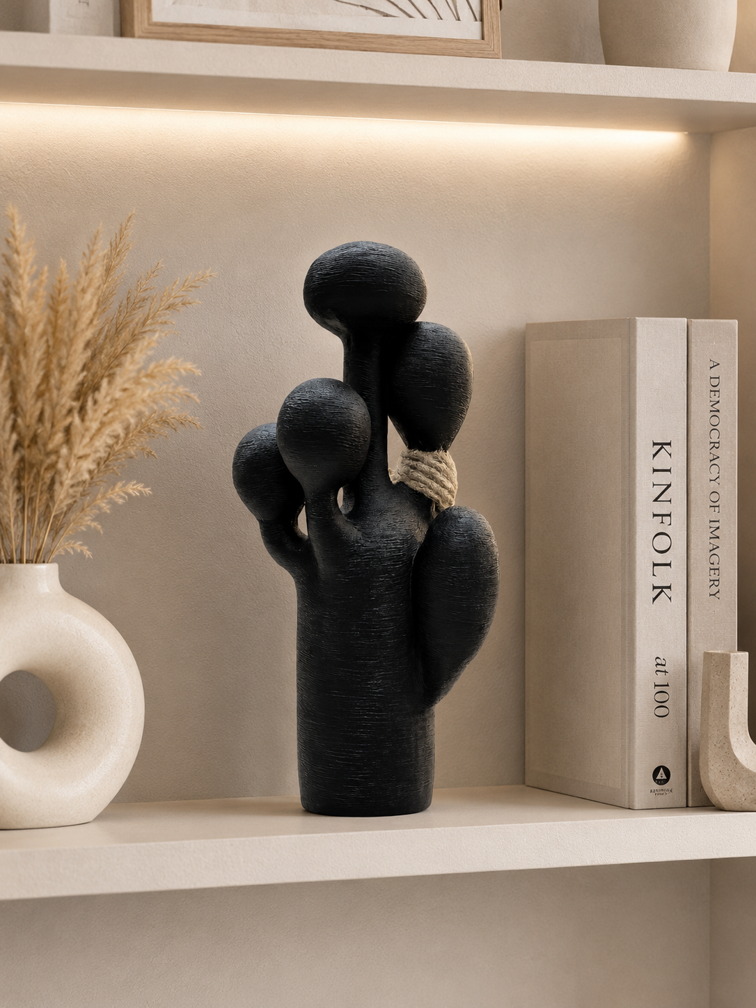 Modern Black Abstract Cactus Sculpture | Resin Decorative Table Accent for Living Room, Office & Shelf Décor